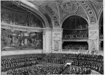 Inauguración de la nueva Sorbona en 1889: el gran anfiteatro durante la ceremonia. de French School