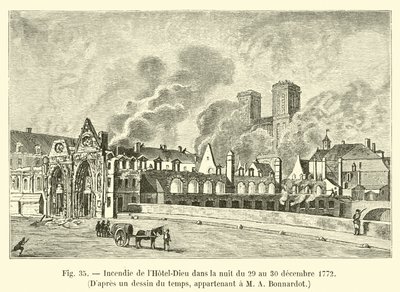 Incendio del Hôtel-Dieu en la noche del 29 al 30 de diciembre de 1772, Según un dibujo de la época, perteneciente a M A Bonnardot de French School