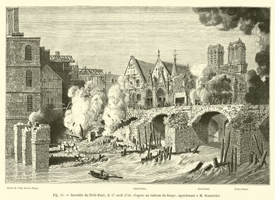 Incendio del Petit-Pont, el 27 de abril de 1718; según una pintura de la época, perteneciente a M Bonnardot de French School