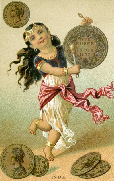 Bailarín indio tocando un tambor de rupias, de una serie de tarjetas promocionales sobre monedas en diferentes países, publicada en París por Baster & Vieillemard para uso del productor de chocolate, Chocolat Ible de French School
