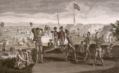 Guerreros indios ejercitándose con una vista del campamento de los residentes ingleses, c.1810 de French School