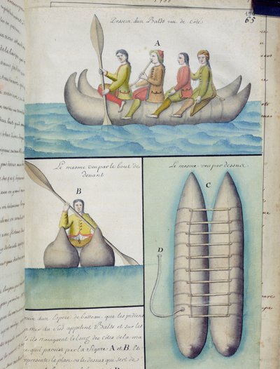 Indios de los Mares del Sur usando botes llamados Balds de French School