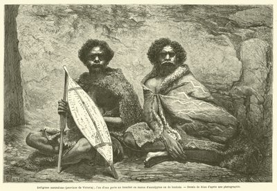 Indígenas australianos (provincia de Victoria); uno de ellos lleva un escudo de corteza de eucalipto o banksia de French School