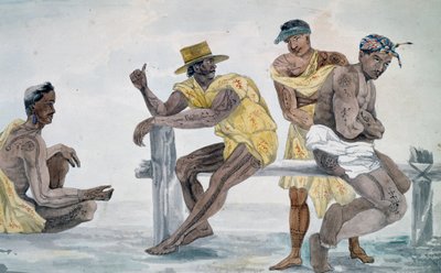 Habitantes de Tahití, Islas de la Sociedad, acuarela de Jules-Louis Lejeune, basada en el Viaje alrededor del mundo de French School