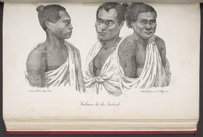 Habitantes de las islas Sandwich, de Pintoresco viaje alrededor del mundo, con retratos de salvajes de América, Asia, África y las islas del Gran Océano; paisajes, vistas al mar y varios objetos de historia natural; acompañado de French School