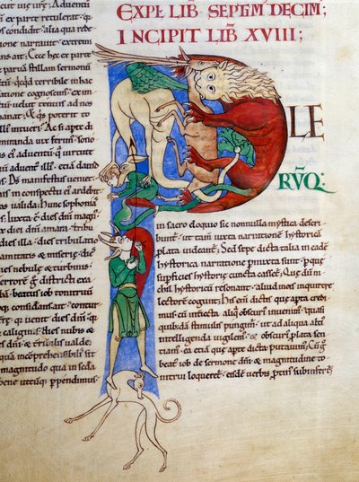 Inicial P (lettrine): levadura del diablo boca del infierno. Miniatura del manuscrito "Moralia en Job", Morales sur Job de San Gregorio, de la abadía de Citeaux de French School