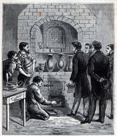 Instalación del pirómetro por Alexandre Brongniart (1770-1847) científico francés en la manufactura de Sèvres - Grabado en “Ciencias llevadas a la casa de todos - física y química populares” por Alexis Clerc - Finales del siglo XIX. Colección privada. de French School