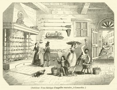 Interior de una fábrica de anguilas de mar en Comacchio (grabado) de French School