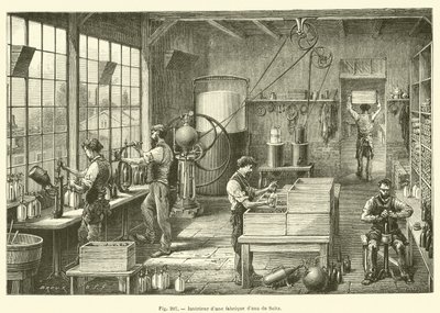 Interior de una fábrica de agua de Seltz de French School