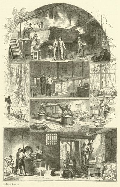 Interior de una refinería de azúcar (grabado) de French School