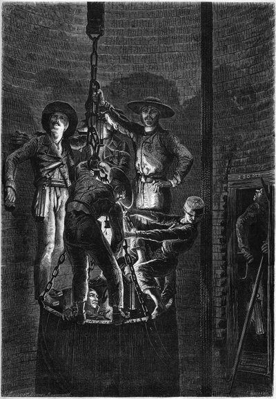 Apariencia interior de un pozo de mina de carbón: ascenso del contenedor. 1861. Grabado en 