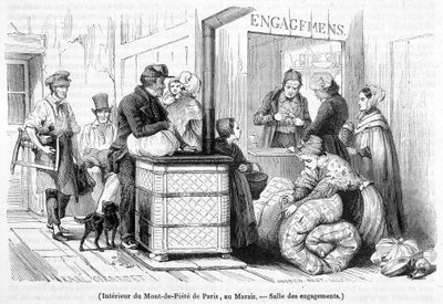 Interior del Mont-de-Piété en París, en el Marais: salón de compromisos- en "Le Magasin picturesque" nº 6 de junio de 1842 de French School