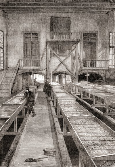 Interior de una piscifactoría del siglo XIX en Huningue, Francia, de Les Merveilles de la Science, publicado c.1870 (grabado) de French School