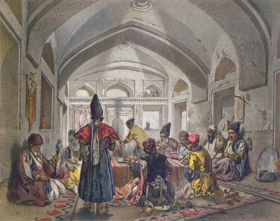 Interior de un caravanserai en Persia, mediados del siglo XIX de French School
