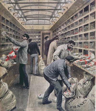 Interior de un vagón postal ferroviario francés en el momento de la huelga postal francesa en 1909, ilustración de Le Petit Journal, 28 de marzo de 1909 de French School