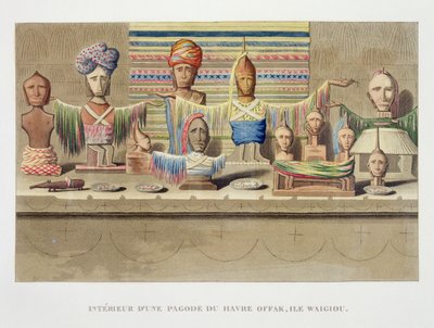 Interior de una casa de espíritus, puerto de Offak, isla de Waigiou, de Voyage autour du Monde, ejecutado por Orden del Rey en La Corvette de Su Majestad, La Coquille durante los años 1822, 1823, 1824 y 1825 de French School