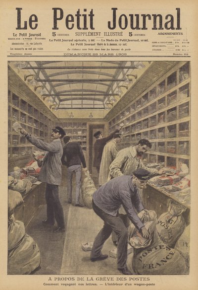 Interior de un vagón de correo en un tren francés de French School