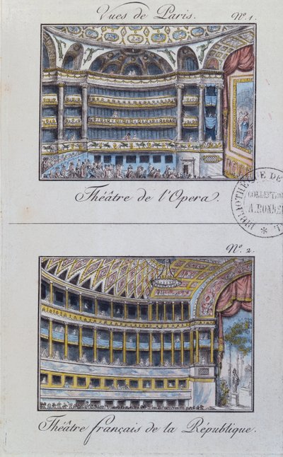 Interior del Teatro de la Ópera y el Teatro de la Comédie Française, lámina 1 de Vues de Paris de French School