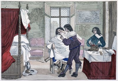 Interior de la casa de un barbero en el siglo XVII - en “París a través de los siglos” de French School