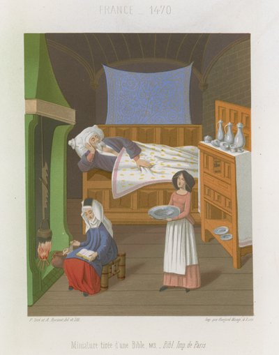 Escena interior con un hombre en la cama mientras dos mujeres preparan comida de French School