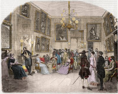 Vista interior del salón verde (Comédie Française en París) - Vue intérieure du foyer des artistes - Comédie Française - Grabado en 