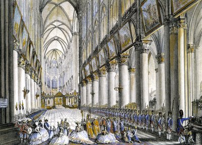 Vista interna de Notre-Dame de París, a la llegada de María Antonieta (1755-1793), Reina de Francia, para asistir a la famosa misa por el nacimiento de su hijo, el futuro Luis XVII (1785-1795). Grabado del siglo XVIII de French School