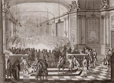 Vista interna del Salón de los Jacobinos, en Nantes, durante la celebración de los Estados Unidos de Bretaña en 1764. de French School