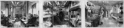 Vista interna del vagón de ambulancia y vagón cocina de un tren médico de la Sociedad Francesa de Socorro a los Militares Heridos. Grabado en 