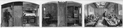 Vista interior del vagón médico y el vagón comedor de un tren médico de la Sociedad Francesa de Socorro a los Militares Heridos. Grabado en "Le Monde Illustré" n°846 del 28 de junio de 1873 de French School