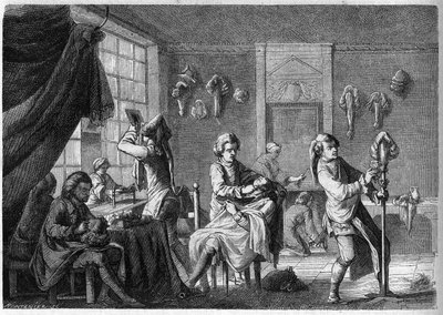 Vista interna de la tienda de una peluca francesa bajo Luis XV (siglo XVIII). Grabado por Dargent. de French School