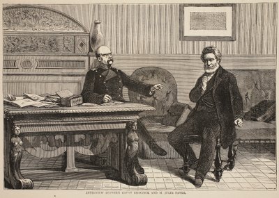 Entrevista entre el Conde Bismarck y M. Jules Favre, septiembre 1870, ilustración de la Historia de la Guerra entre Francia y Alemania, 1870-1871 de French School