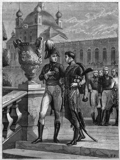 Entrevista de Alejandro I de Rusia (1777-1825) y Michel Duroc (1772-1813) en San Petersburgo en abril de 1801 - Grabado de 1865 en “Histoire du Consulat et de l