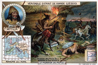 Invasión de los hunos bajo Atila, apodado el azote de Dios, en 444 - Viñeta publicitaria de Liébig de French School