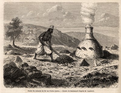 Fundición de mineral de hierro en Fouta Djalon, Senegal, dibujo de Hadamard, para ilustrar el viaje del teniente Lambert a Fouta Djalon en 1860. Grabado en "Le tour du monde" 1861. Colección Selva. de French School