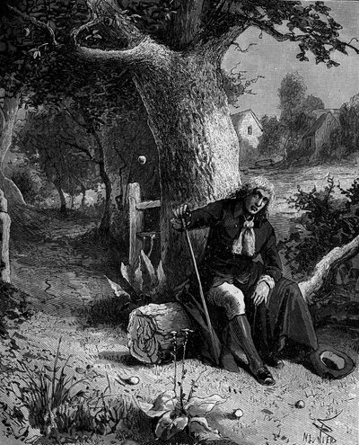 Isaac Newton (1642-1727), matemático y astrónomo inglés, descubriendo la noción de gravedad terrestre a través de una manzana que cae de un manzano en Woolsthorpe. de French School