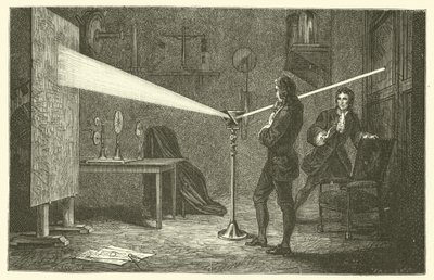 Isaac Newton descompone la luz (grabado) de French School