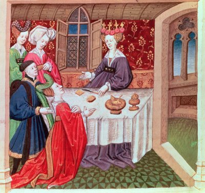 Isolda suplicando protección a la reina Ginebra, Roman du Chevalier Tristan de French School