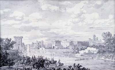 Campiña italiana: el ejército francés pasa el río Mincio hacia Borghetto en 1796. Dibujo anónimo. París, Museo del Louvre de French School