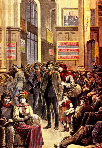 Emigrantes italianos en París en la estación de Saint Lazare en marzo de 1896 (grabado) de French School