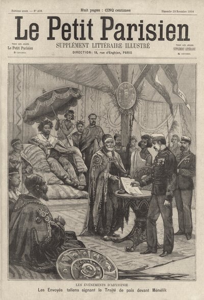Enviados italianos firmando el tratado de paz para poner fin a la Primera Guerra Italo-Etíope ante el emperador Menelik II de Etiopía de French School