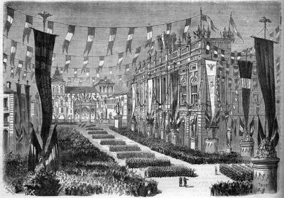 Unificación italiana, Turín, 2 de abril de 1860: decoración de la plaza del castillo (Piazza Castello) con motivo de la apertura del parlamento italiano. Grabado en “Le Monde Illustré” n°157 del 14 de abril de 1860. de French School