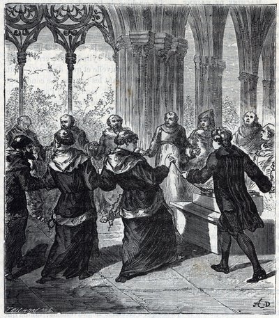 JEAN ANTOINE NOLLET (1700-1770) dio una descarga eléctrica a los religiosos de un convento cartujo - Grabado en 