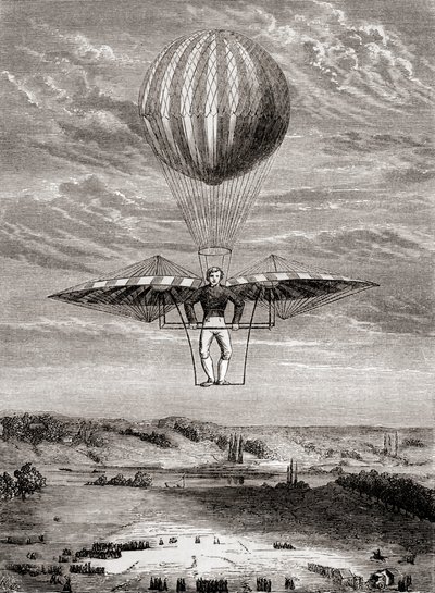 Ornitóptero de 1808 de Jacob Degen con válvulas de aletas, en el que el piloto estaba de pie sobre un armazón rígido y accionaba las alas con una barra horizontal móvil, de "Les Merveilles de la Science", publicado hacia 1870 (litografía). de French School