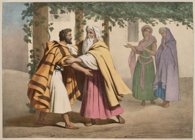 Jacob con Labán y sus hijas, ilustración de un catecismo L