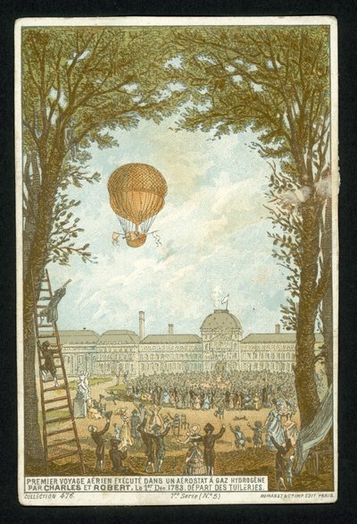 Jacques Charles y Marie-Noel Robert haciendo el primer ascenso en un globo de hidrógeno, París, 1 de diciembre de 1783 de French School