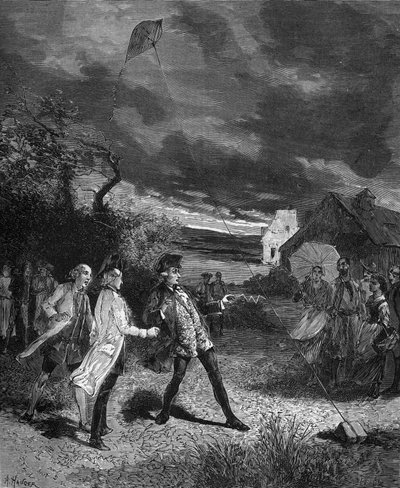 Jacques de Romas (1713-1776), físico francés, experimentando con una cometa para capturar electricidad atmosférica en 1752 de French School
