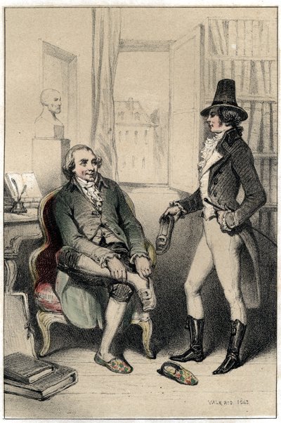Jacques llamado el Abate Delille (1738-1813), un poeta francés, pide a uno de sus amigos que fuerce la cerradura del gabinete, o su esposa le encierra los zapatos para mantenerlo fuera y obligarlo a trabajar. Placa tomada de "Escenas de la vida de hombres  de French School