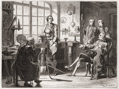 James Watt (inventor de la máquina de vapor en 1769) en su tienda de Glasgow - en "Álbum de Ciencia; ilustres científicos; Grandes descubrimientos" 1896 de French School
