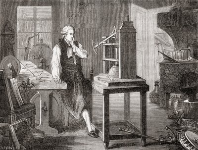 James Watt en su taller de Glasgow mejorando la máquina de vapor de Thomas Newcomen de 1712 con su máquina de vapor Watt en 1781, de Les Merveilles de la Science, pub.1870 de French School