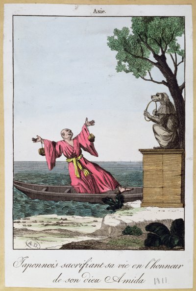 Hombre japonés sacrificando su vida en honor al dios Amida, 1811 (litografía en color) de French School